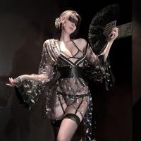 Chao Mu Sensual Japanese-Style Sheer Mesh Lingerie Set - Waist-Tie Kimono-Inspired Pure-Yuri Busty Outfit thumbnail