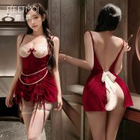 Feimu Velvet Deep V Sleep Dress for Valentine's Day - Sexy Lace Backless Nightgown, No-Remove Intimate Wear ZY127 thumbnail