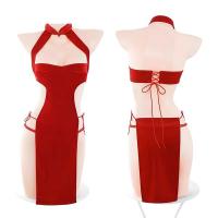 Drunk Cellar Red Silk Velvet High-Slit Cheongsam Lingerie for Women - Seductive Chinese-Style Costume Outfit thumbnail