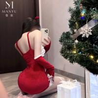Mandyu Christmas Bunny Girl Outfit - Red Sexy Mesh Bodysuit & Thigh-Highs Holiday Costume for Women thumbnail