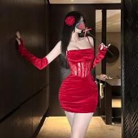 Red Velvet Sexy New Year Lingerie Dress – Sheer Lace Bodycon with Sparkling Rhinestones & Backless Design