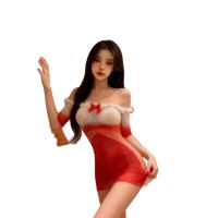 Dowemier Sexy Christmas Lingerie Set - Gradient Velvet Feather Mesh Bodysuit & Hip-Hugging Holiday Outfit thumbnail