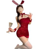 Red Sexy Bunny Girl Costume - Sparkly Tight Mesh Bodysuit & Skirt Set, New Year Lingerie Outfit thumbnail