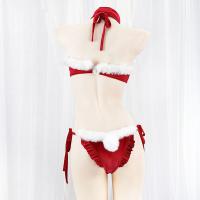Festive Christmas Plush Trim Bikini Set - Tie-Front Halter Sexy 3-Piece Lingerie Gift for New Year thumbnail