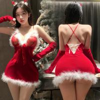 Manyan New Year Sexy Faux Fur Halter Dress - Christmas Bodycon Lingerie Mini Skirt for Passionate Nights thumbnail