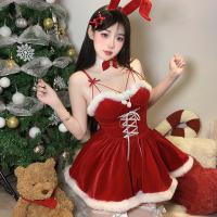 Red Bunny Girl Christmas Outfit - Sexy Holiday Lingerie Set & Pure-Temptation Slip Dress for Women thumbnail