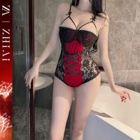 Sexy Red Lace Bodysuit Set - Sheer Vintage-Themed Costume with Ties & Strap Details for New Year Eve thumbnail
