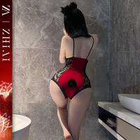 Sexy Red Lace Bodysuit Set - Sheer Vintage-Themed Costume with Ties & Strap Details for New Year Eve thumbnail