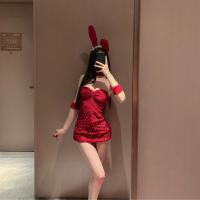 New Year Red Halter Bunny Costume - Sparkly Bow Bodysuit for Cosplay & Live Streaming thumbnail