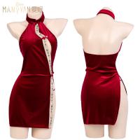 ManYan New Year Red Velvet Cheongsam Dress - Sexy Halter Neck Chinese Style Open-Front Slit Lingerie thumbnail