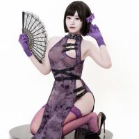 Ruiyun Lace Role Play Cheongsam Lingerie - Sheer Mesh Split Dress with Leather Buckles & Floral Print thumbnail
