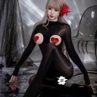Guiyun Sexy Sheer Shiny Bodysuit - Ultra-Thin Oil-Shine Black Fishnet Tights with Open-Crotch & Seamless Chest Cutout thumbnail