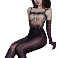 Lace Bodysuit with Sheer Mesh & Glossy Black Stockings - Sexy One-Piece Intimate Wear thumbnail