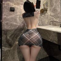 Manyan OL Secret Cosplay Uniform: Sheer Plaid Bodysuit with Backless Design & Bodycon Skirt thumbnail