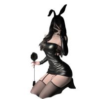 Black Patent Leather Corset Dress - Sexy Bodycon Bandage Dress with Open Back & Sleeve Details for Nightclub & Party thumbnail