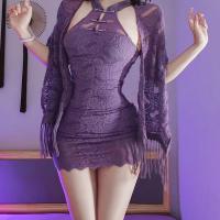 Chinese-Style Purple Halter Neck Cheongsam Dress with Built-in Bra & Lace Trim - Sexy Bodycon Mini Skirt for Women thumbnail