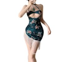 FANRUO Vintage Silk Velvet Qipao Lingerie - Floral Print Seductive Bodycon Dress with Tassels & Flirty Slit thumbnail