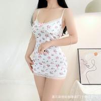 Floral Lace Trim Sleep Dress - Sexy Bodycon Short Nightgown with Built-in Padded Bra & Contrast Trim thumbnail