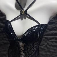 Glowing Cloud Sexy Open-Crotch Leather Bodysuit for Women – Cross-Tie Latex-Look Lace Bodysuit with Bell Charm thumbnail