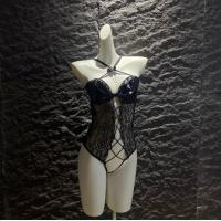 Glowing Cloud Sexy Open-Crotch Leather Bodysuit for Women – Cross-Tie Latex-Look Lace Bodysuit with Bell Charm thumbnail