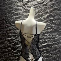 Glowing Cloud Sexy Open-Crotch Leather Bodysuit for Women – Cross-Tie Latex-Look Lace Bodysuit with Bell Charm thumbnail