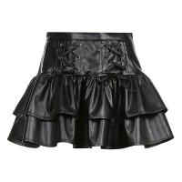  Glowing Dark Chic High-Waisted Ruffle Leather Skirt for Women – Sexy A-Line Bodycon Midi Skirt with Tie Waist & Pleated thumbnail
