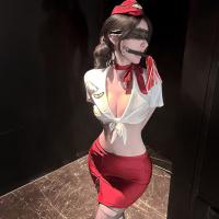 Golden Night Air Hostess Lingerie Set - Sexy Uniform Style Bodysuit with Sheer Mesh & High-Waisted Skirt thumbnail