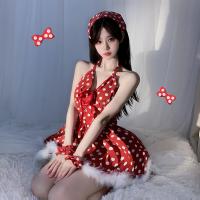 Guiyun Lingerie Sleep Dress - French Chic Polka Dot Babydoll Nightgown with Scallop Trim & Halter Neck thumbnail