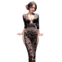 Doliya Sexy Deep V Lace Sheer Long Dress - Seductive High-Slit Bodycon Costume Lingerie Sleepwear for Women thumbnail