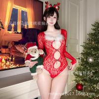 Sexy Christmas Bodysuit for Women - Long Sleeve Lace Cut-Out Holiday Lingerie with Backless Design thumbnail