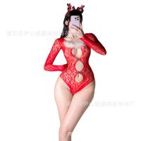 Sexy Christmas Bodysuit for Women - Long Sleeve Lace Cut-Out Holiday Lingerie with Backless Design thumbnail