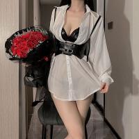 White Lace Sexy Uniform Set - Busty Babe Long Sleeve Shirt & Strap Harness Outfit for Role Play & Cosplay thumbnail