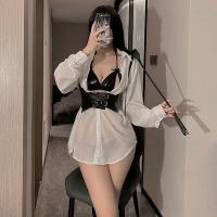 White Lace Sexy Uniform Set - Busty Babe Long Sleeve Shirt & Strap Harness Outfit for Role Play & Cosplay thumbnail