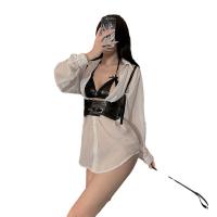 White Lace Sexy Uniform Set - Busty Babe Long Sleeve Shirt & Strap Harness Outfit for Role Play & Cosplay thumbnail