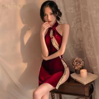 Mannyan New Year Cheongsam Lingerie - Sexy Velvet Chinese-Style Qipao with Lace-Up Front & High Slit thumbnail