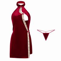 Mannyan New Year Cheongsam Lingerie - Sexy Velvet Chinese-Style Qipao with Lace-Up Front & High Slit thumbnail