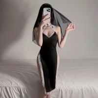 Nun Costume Lingerie Set - Sexy Catholic Role Play Outfit with Sheer Mesh Skirt & Detachable Cross Accessory thumbnail