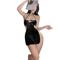 Plus Size Floral Lace Cheongsam Lingerie Set - Sexy Open-Slit Backless Chinese-Inspired Erotic Outfit for Women thumbnail