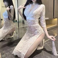 Plus Size Sexy Lace Sleepwear Set - Sheer Seductive Split Dress with Uniform-Inspired Allure, QQNY Brand thumbnail