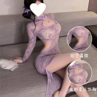 Purple Lace Cheongsam Lingerie - Seductive Sheer Bust-Exposing Sensual Outfit for Date Night thumbnail
