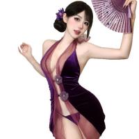 Purple Velvet Cheongsam Lingerie Set - Sexy Sheer Backless Sleepwear, No-Remove Design for Effortless Elegance thumbnail