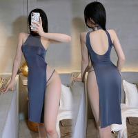 Seductive Backless Cheongsam Sleepwear - Side-Slit Open-Crotch Lingerie Nightgown for Women thumbnail