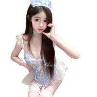 Sensual Deep V Lace Sheer Maid Outfit - Plaid Mini Skirt & Strap Top Set, Pure & Tempting Lingerie thumbnail