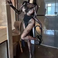 Sensual Modest Stockings Set - Black Silk-Look Lace Trimmed Corset-Style Mini Dress & Sheer Tights for Playful Elegance thumbnail