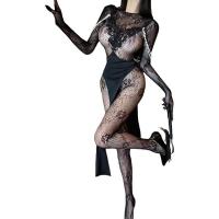 Sensual Modest Stockings Set - Black Silk-Look Lace Trimmed Corset-Style Mini Dress & Sheer Tights for Playful Elegance thumbnail