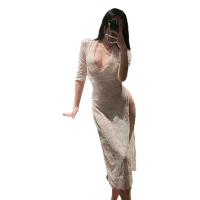 Sexy Plus Size Lingerie Set - Sheer Lace Open-Crotch Vintage Qipao Bodycon Outfit, Pure & Tempting Fit thumbnail