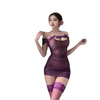 Sexy Purple Lace Bodycon Mini Dress - Sheer Mesh & Ruched Seductive Nightclub Outfit for Women thumbnail