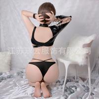 Sexy PVC Leather Biker Sleepwear Set - Revealing Chest Lingerie Outfit, No-Remove Temptation Costume for Women thumbnail