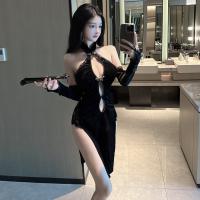  Vintage Chinese-Style Lingerie Set - High-Slit Cheongsam Sleepwear with Deep V & Peekaboo Bust, Retro Republican-Inspir thumbnail