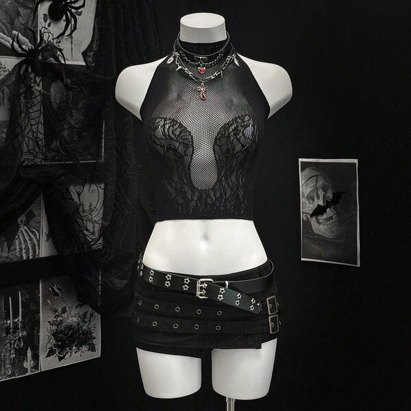 Sexy gothic punk crop vest featuring twill lace design, black mesh top with intricate detailing, perfect for bold fashion sta...